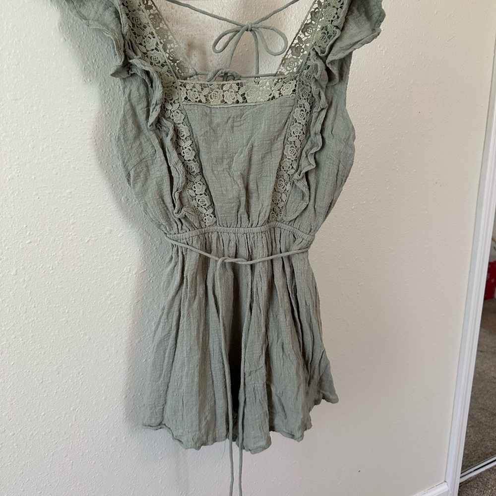 Lace-Trim Tie-Back Gauze Romper in Sage